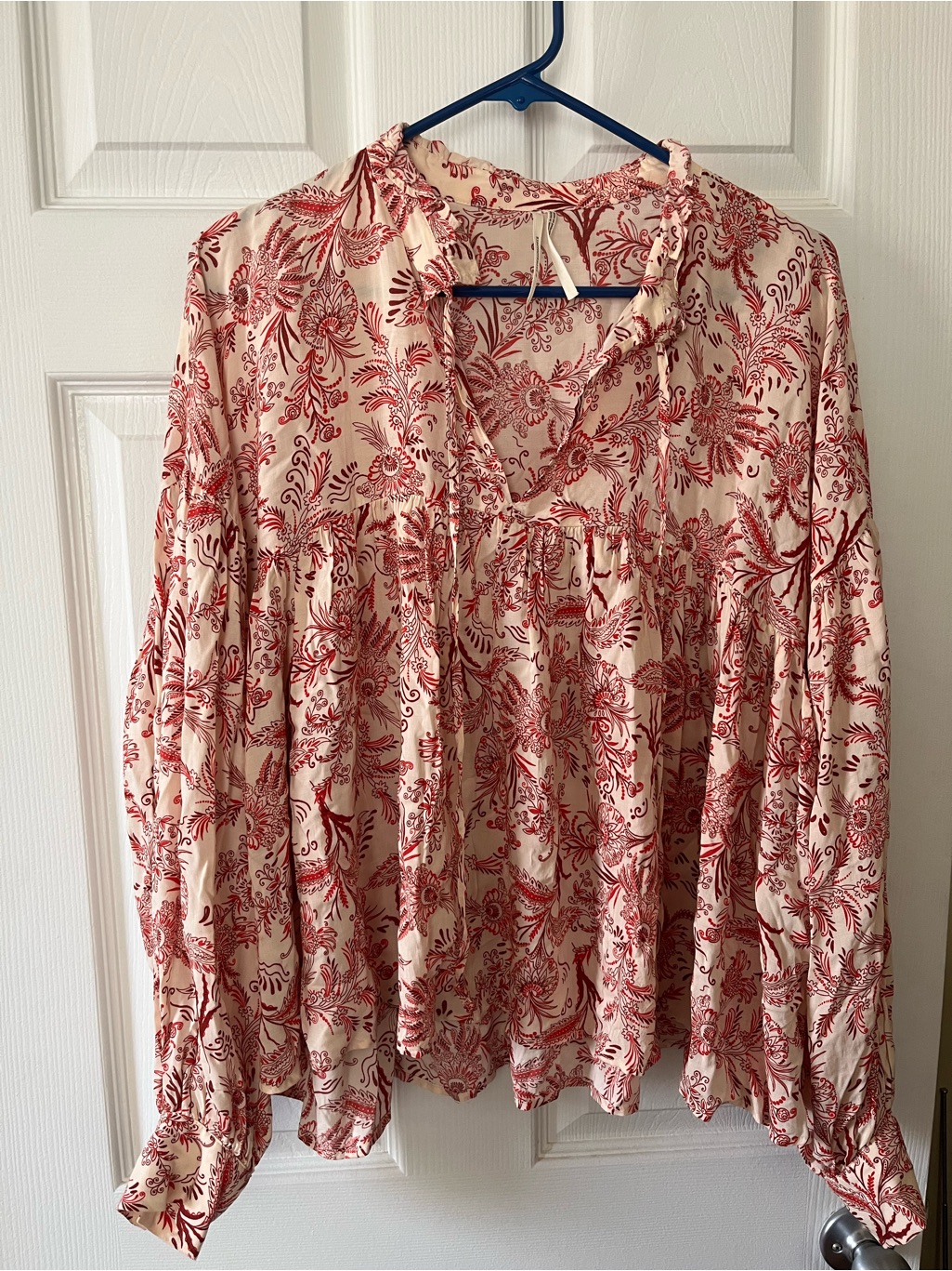 Anthropologie Cream Blouse With Red Floral Print